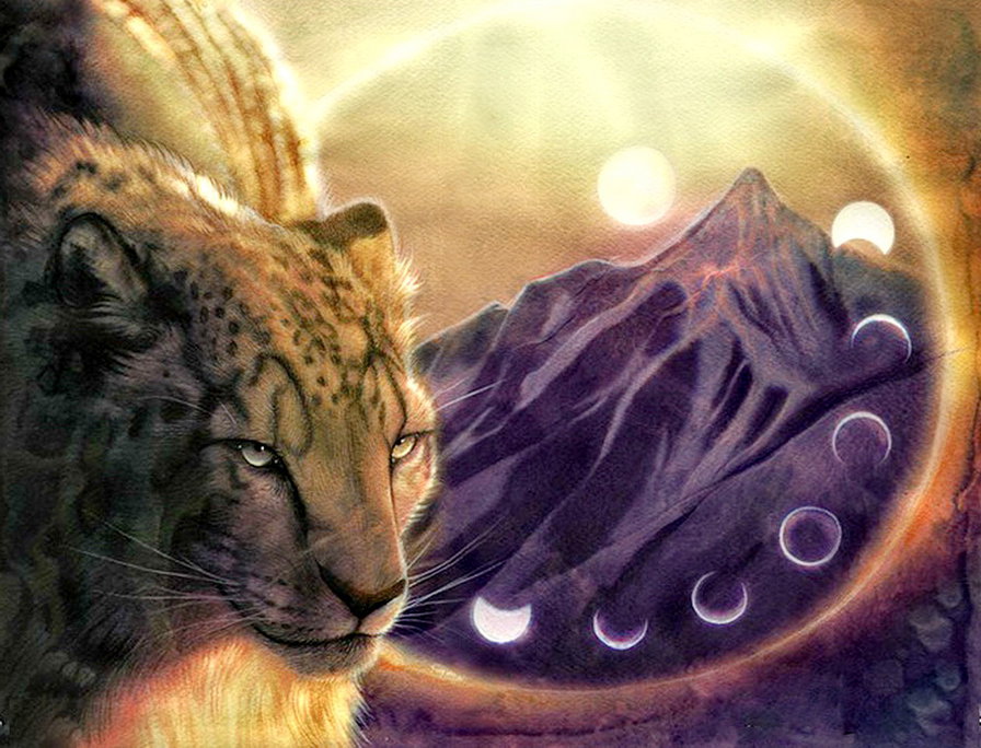 затмение - луна, горы, солнце, барс, живопись, фэнтези, хищник - оригинал