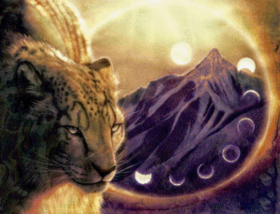 затмение - хищник, живопись, луна, горы, солнце, фэнтези, барс - предпросмотр