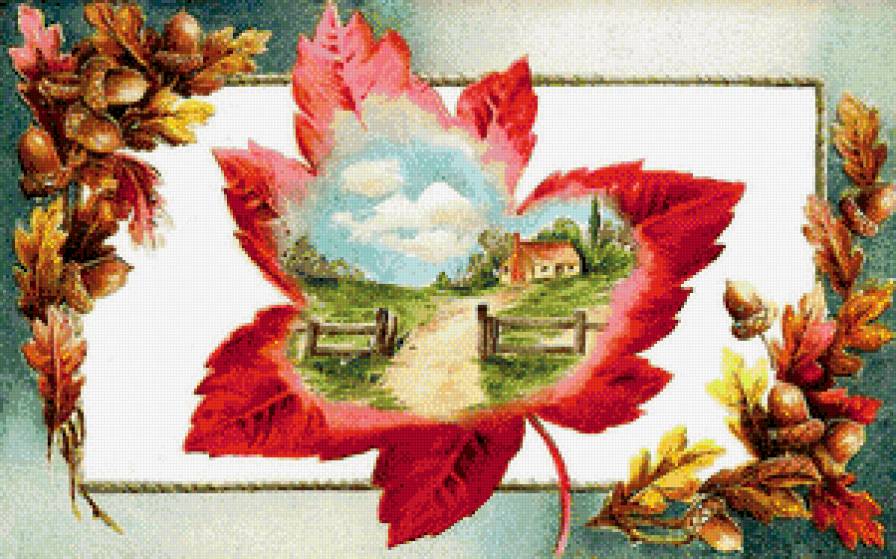 осеннее панно - дом, лист, желуди, картина, осень, природа, дуб, живопись, клен, дорога - предпросмотр