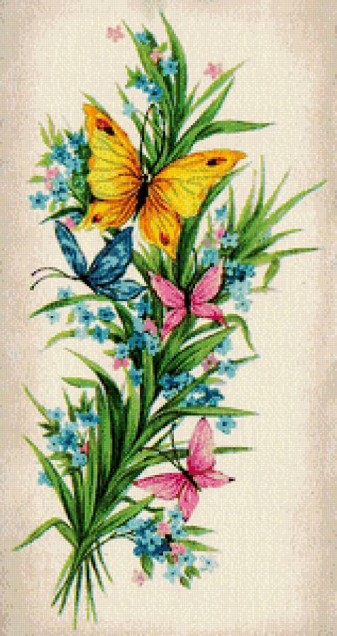 цветы и бабочки - живопись, незабудки, букет - предпросмотр