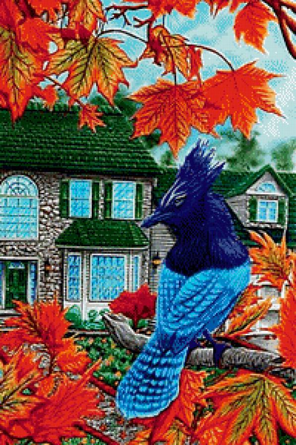 птица счастья? - природа, дом, клен, картина, дерево, живопись - предпросмотр