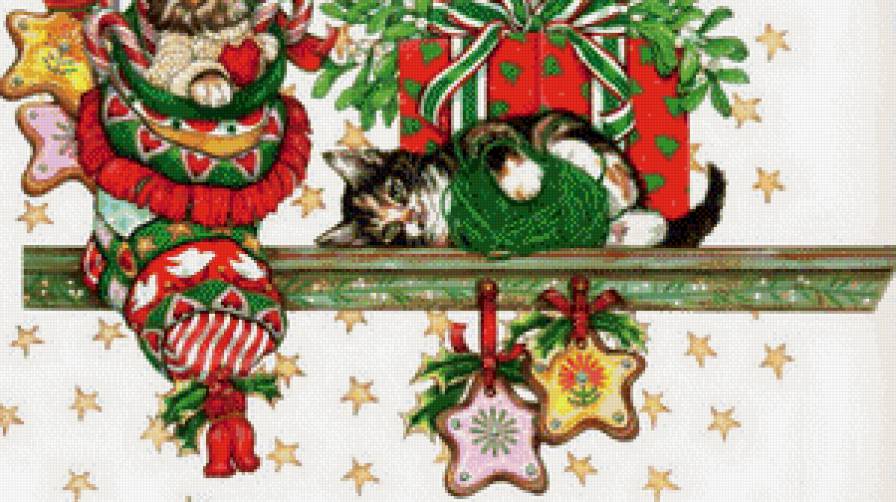 новогодняя часть 2 - пряник, игрушки, мишка, подарок, кот, полка, мышь, бант, носок, котенок - предпросмотр