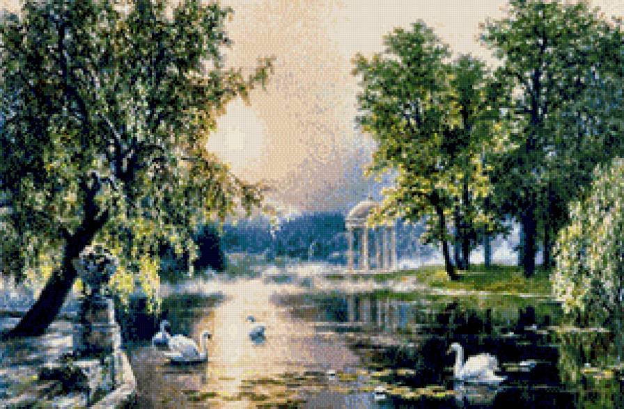 солнечное волшебство - картина, птицы, лето, пейзаж, лебедь - предпросмотр