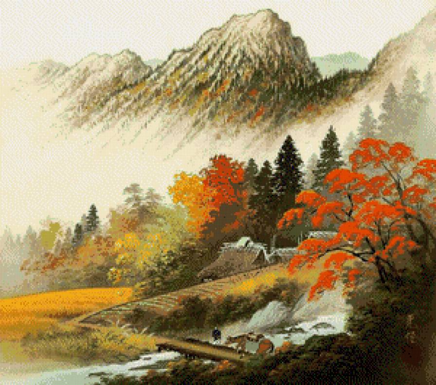 Горное село - восточная живопись - предпросмотр