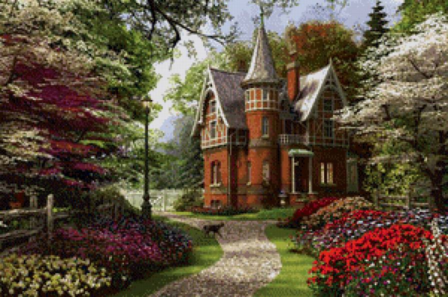 Серия "Пейзажи" - пейзаж, домик, цветы - предпросмотр