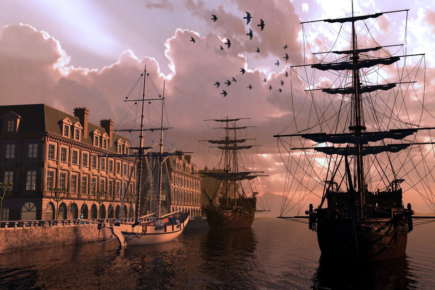 Серия "Пейзажи" - закат, корабли, пейзаж, домик, море - оригинал