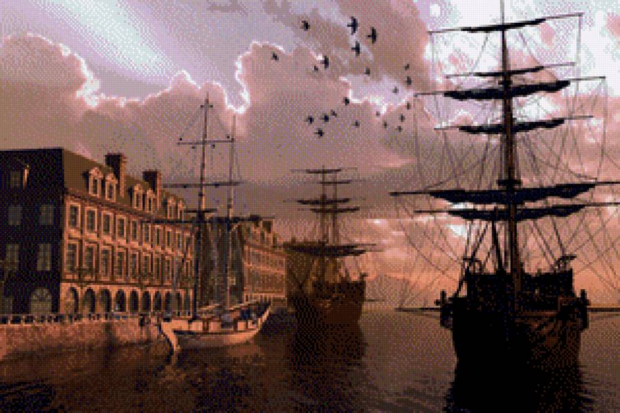 Серия "Пейзажи" - домик, море, пейзаж, корабли, закат - предпросмотр