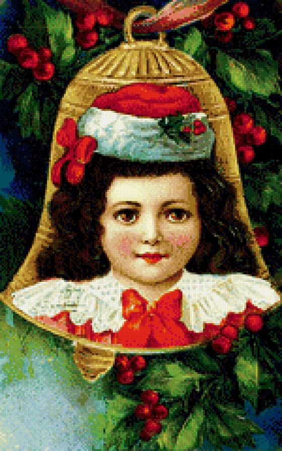 старинная открытка - ребенок, новый год, остролист, рэтро, колокольчик, живопись, елка - предпросмотр