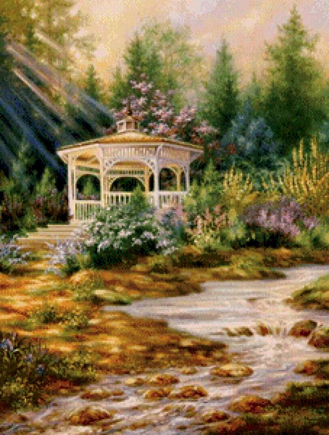 картина - дерево, ручей, вода, живопись, цветы, природа, беседка, весна - предпросмотр