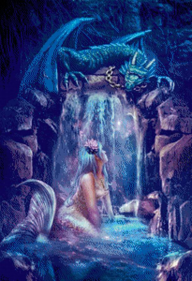 русалка и дракон - водопад, живопись, фэнтези, пещера, картина - предпросмотр