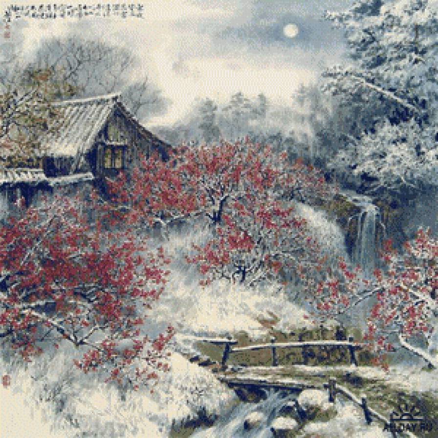 Первый снег - восточная живопись - предпросмотр