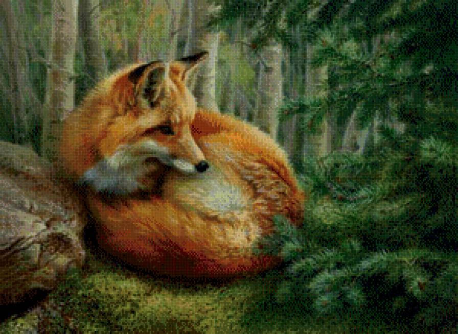 рыжая красавица - природа, животное, елка, лиса, лес, картина, живопись - предпросмотр