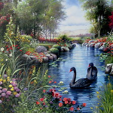 Схема вышивки «черные лебеди на пруду»