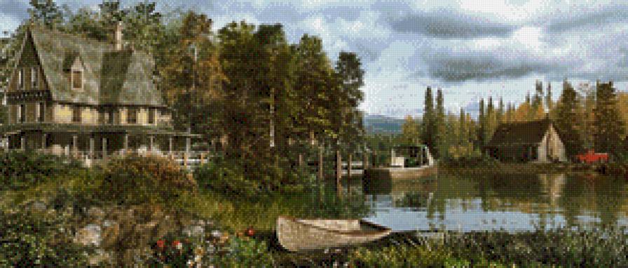 Серия "Пейзажи" - домик, пейзаж, озеро, лодка, лето - предпросмотр