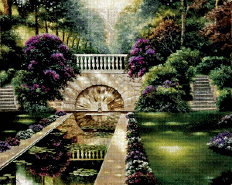 картина - лестница, дерево, природа, живопись, вода, цветы - предпросмотр