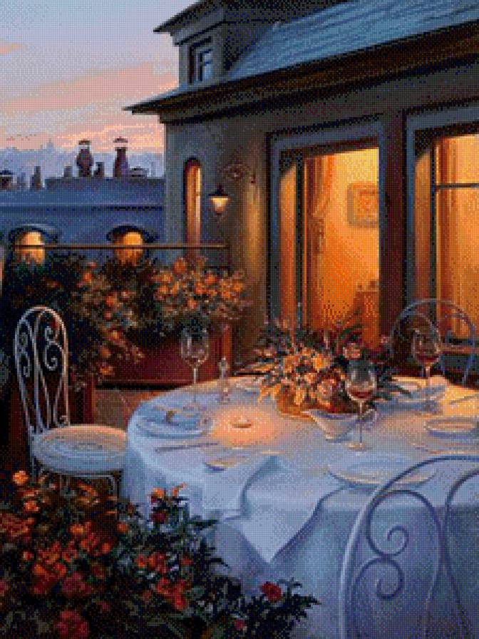 Париж,вечер часть 2 - балкон, машина, дорога, столик, город, башня, живопись, цветы, картина - предпросмотр