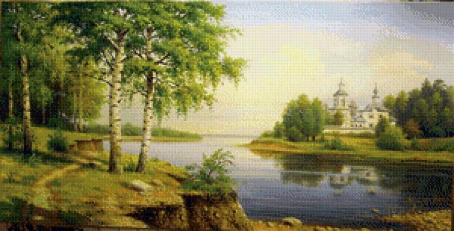 пейзаж - природа, церковь, река - предпросмотр