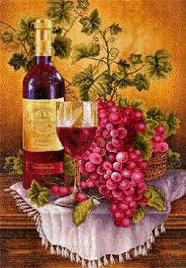натюрморт - натюрморт, для кухни.виноград, вино, бутылки - предпросмотр