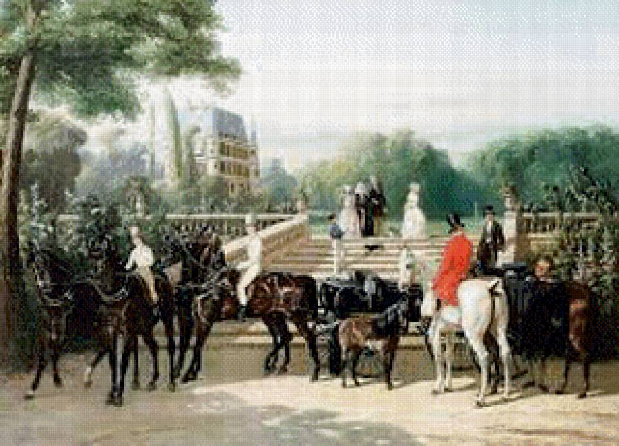 карета - карета, пейзаж, живопись, лошади, люди - предпросмотр