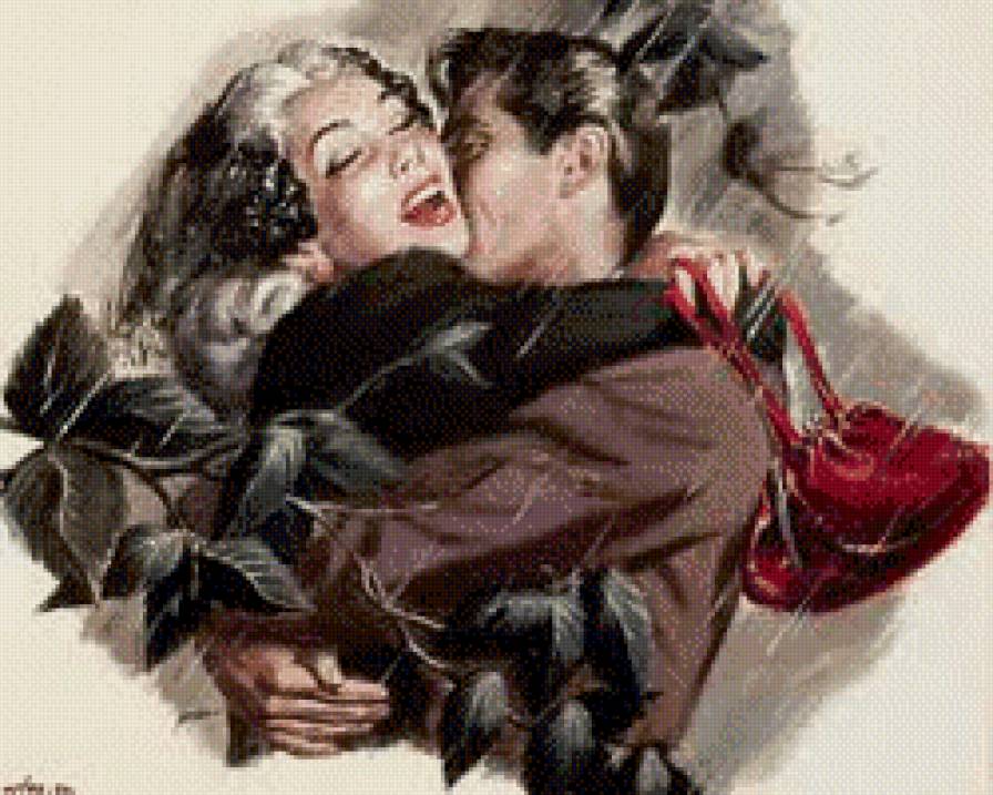 поцелуй под дождем - ретро, люди, пара, дождь, чувства - предпросмотр