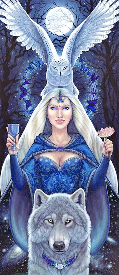 колдунья - ночь, женщина, луна, сова, живопись, картина, бабочки, фэнтези, волк - оригинал