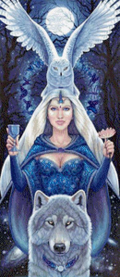 колдунья - луна, ночь, бабочки, картина, волк, женщина, сова, фэнтези, живопись - предпросмотр