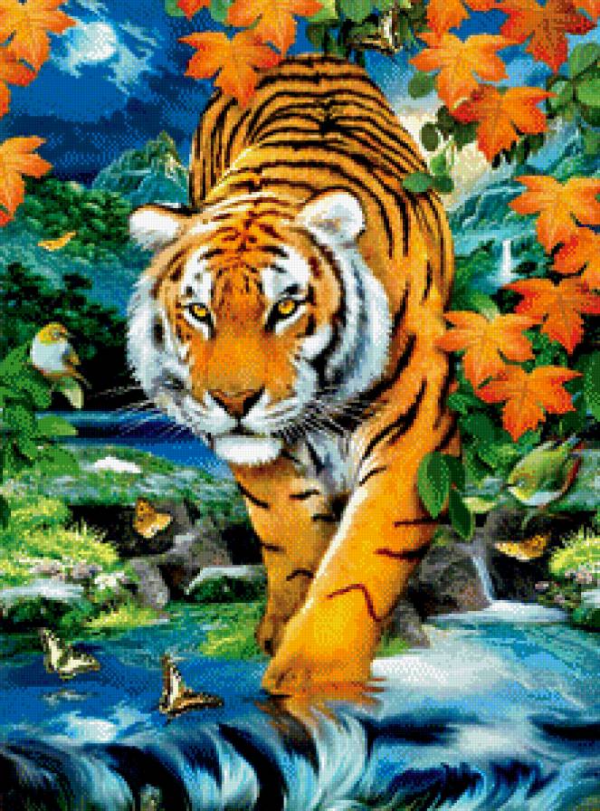 тигр - птица, вода, луна, взгляд, живопись, природа, хищник, листва, бабочка - предпросмотр