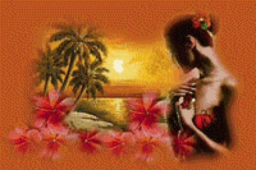 Закат - море, девушка, пальмы - предпросмотр