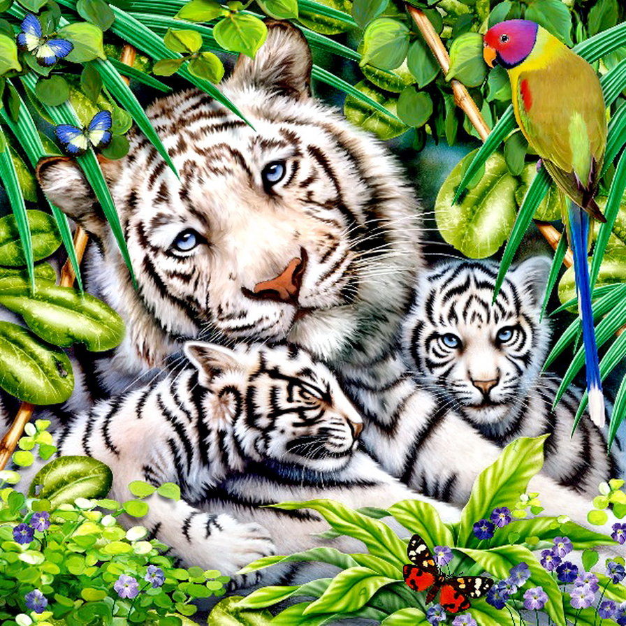 дикая семья - птица, живопись, природа, взгляд, тигрята, хищник, цветы, бабочка, тигр - оригинал
