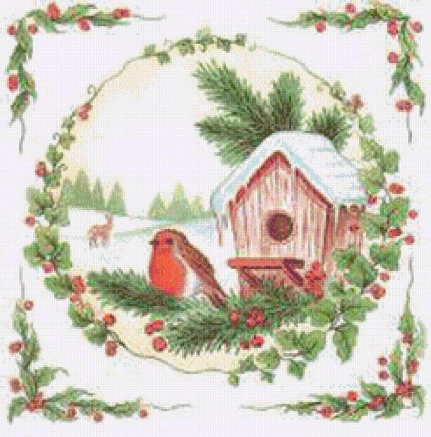 птички в домике2 - подушка, птицы, природа, зима - предпросмотр