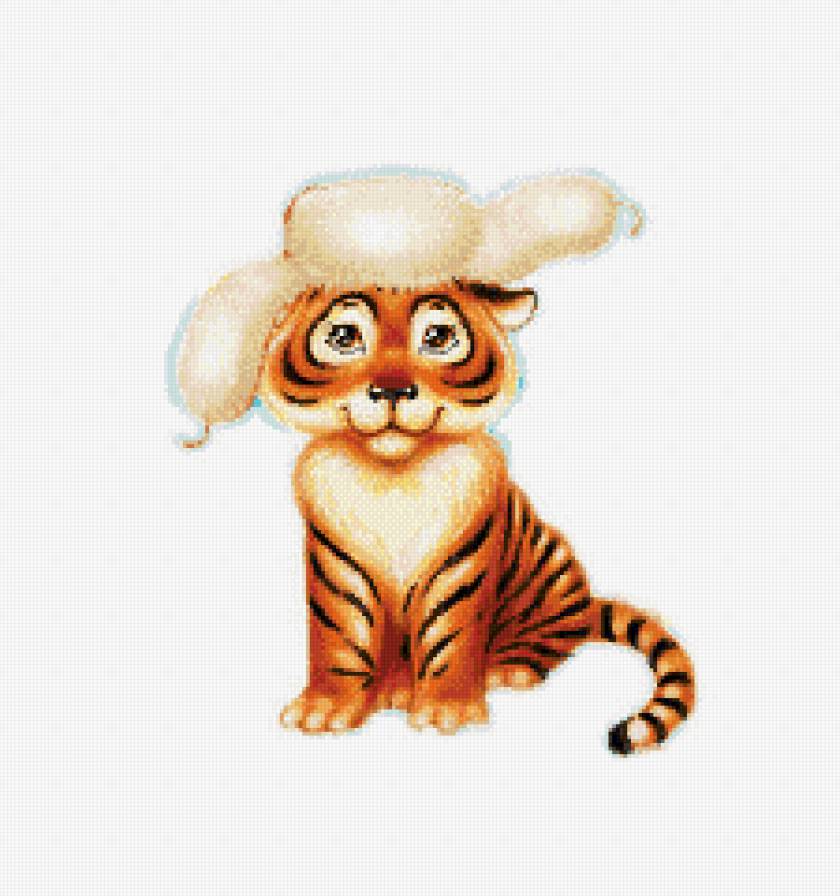 тигренок в шапке - зима, дикие кошки, тигр, тигренок, животные, детское - предпросмотр