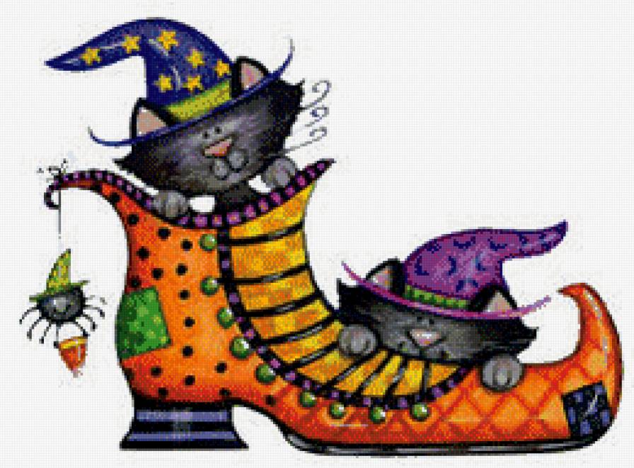 хеллоуин - котята, башмак, коты, магия, детское, фэнтези - предпросмотр