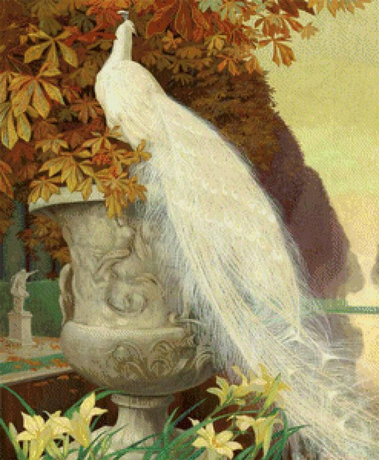 белый павлин - цветы, каштан, картина, птицы, ваза, живопись, листья - предпросмотр