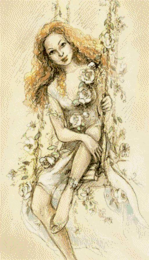 девушка на качели - монохром, женский образ, живопись, девушка, люди - предпросмотр