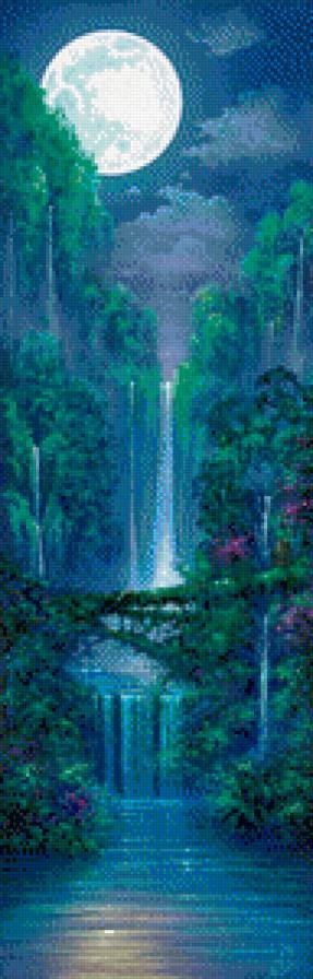 панно - живопись, цветы, вода, природа, водопад, луна, дерево - предпросмотр