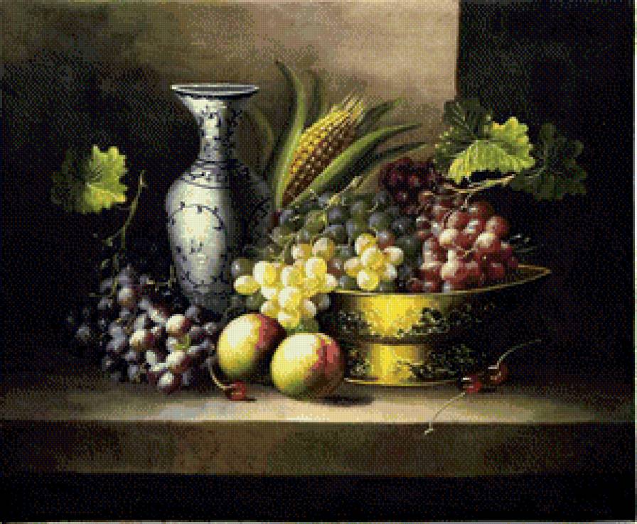 натюрморт с виноградом и вазами - ваза, фрукты, натюрморт - предпросмотр