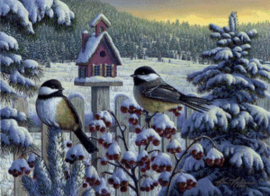 Серия "Птицы" - ягоды, птицы, зима, синицы, пейзаж - предпросмотр
