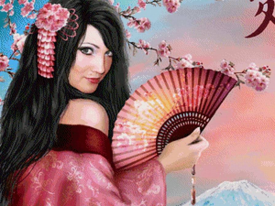 гейша2 - веер, девушка, сакура - предпросмотр