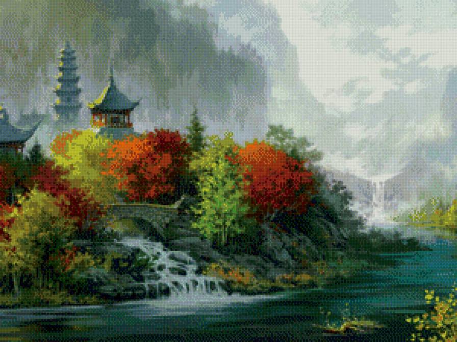 восток - домик, пейзаж, речка, водопад - предпросмотр