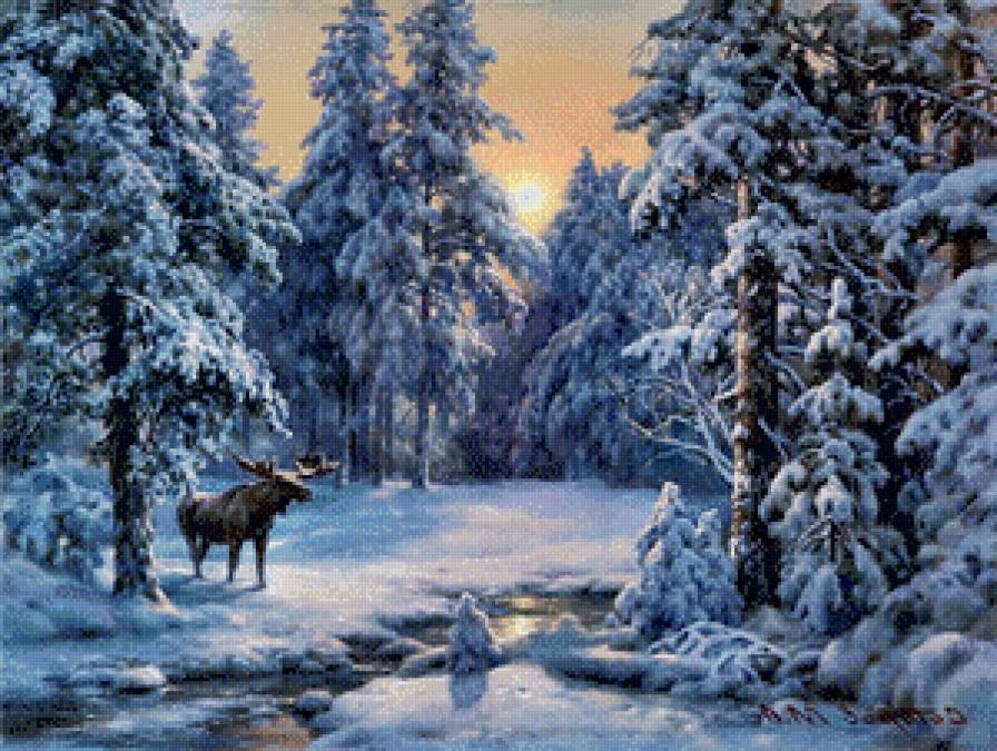 лось в зимнем лесу - лес, снег, зима, олень, лось - предпросмотр