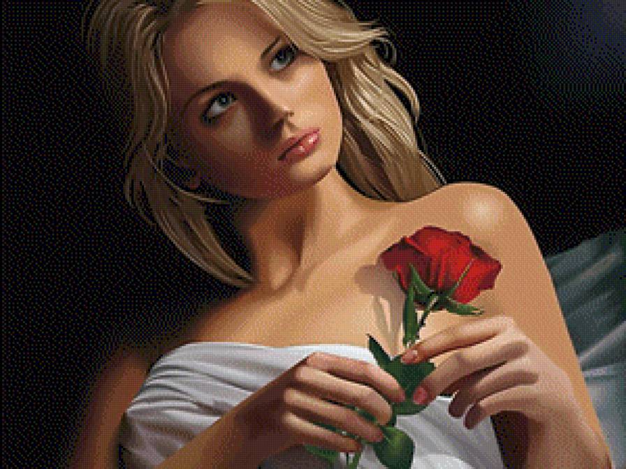 девушка с розой - девушка, картина, женщина, , красота женщины - предпросмотр