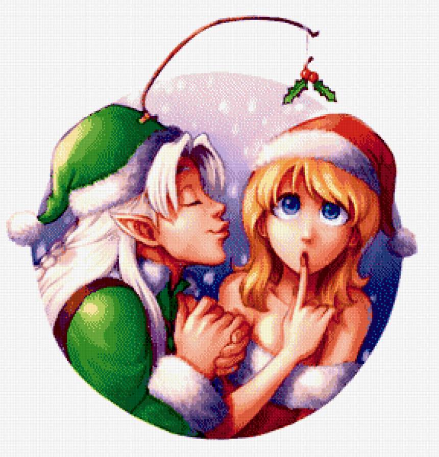 хитрый эльф - юмор, любовь, пара, омела, новый год, парень, девушка - предпросмотр