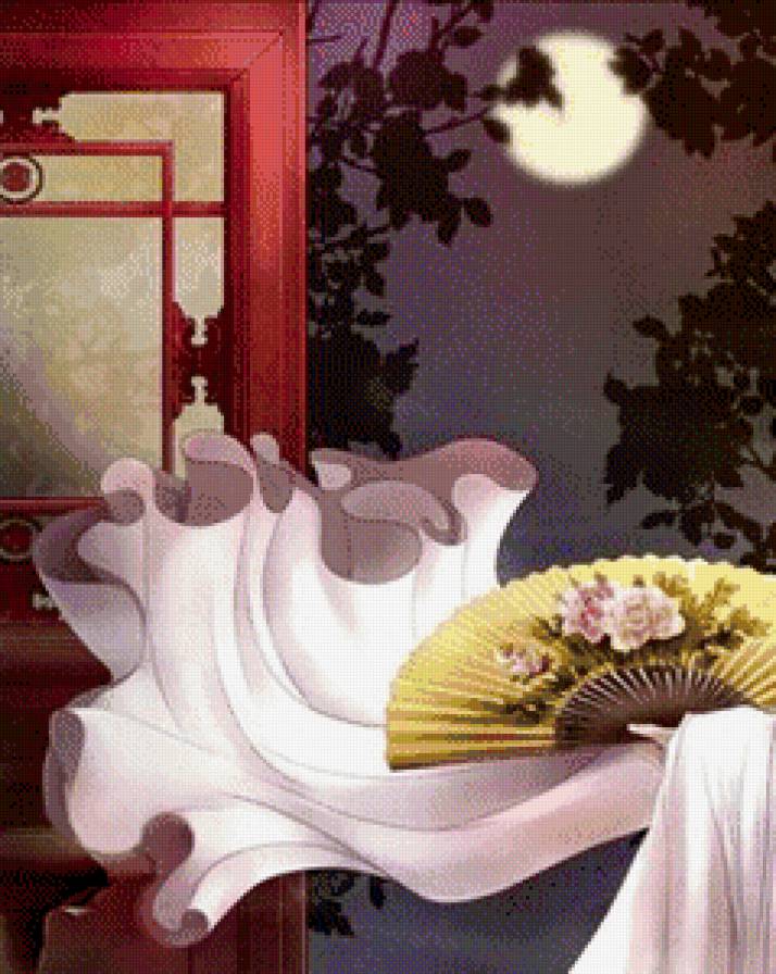 гейша часть 1 - девушка, ночь, восток, женщина, луна, веер, картина, живопись - предпросмотр