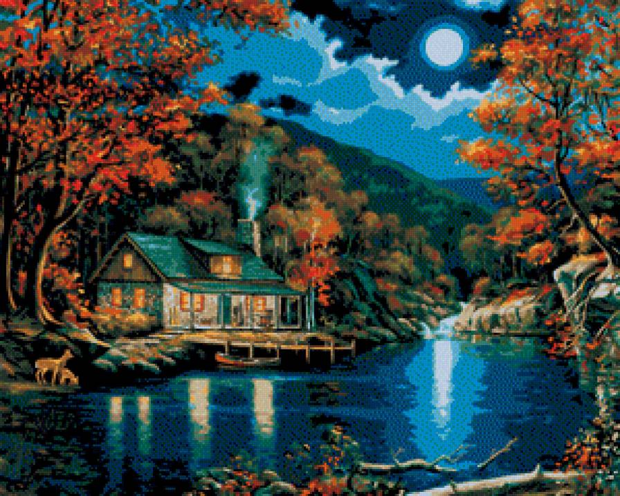 №485774 - озеро, олени, пейзаж, горы, домик - предпросмотр