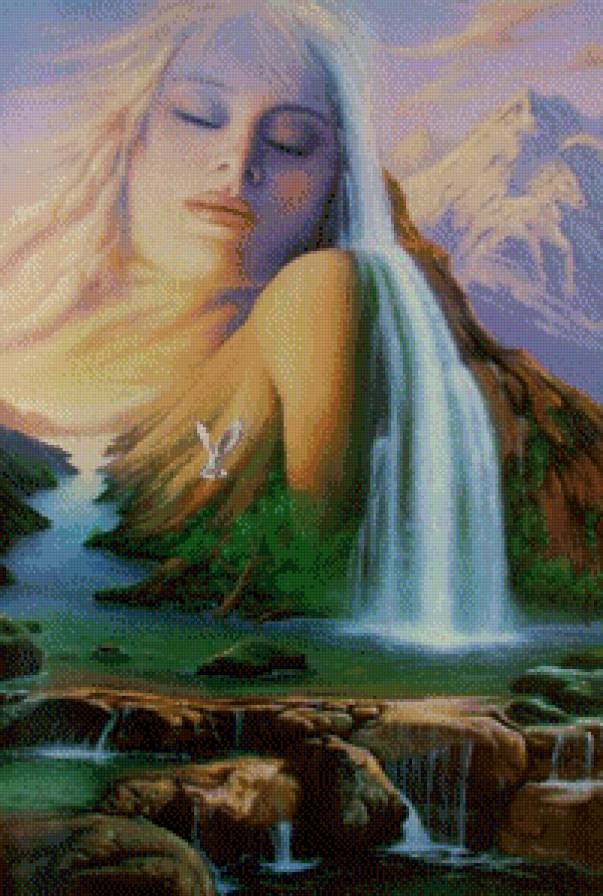 Горный пейзаж с девушкой - девушка, пейзаж, горы, река - предпросмотр