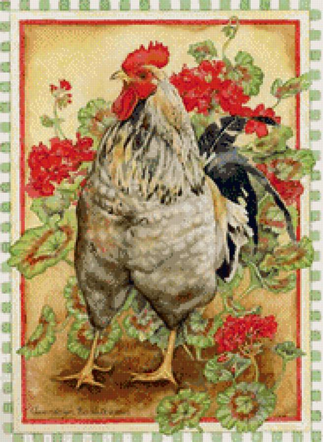 петух в герани - птицы, куры - предпросмотр