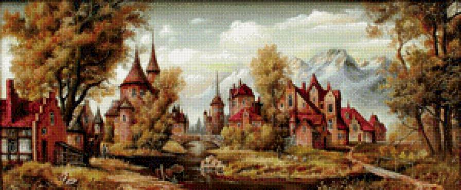 старинная картина - гора, природа, живопись, река, замок, дерево, мост, город - предпросмотр