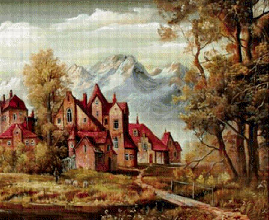 старинная картина часть 2 - природа, живопись, замок, город, река, мост, гора, дерево - предпросмотр