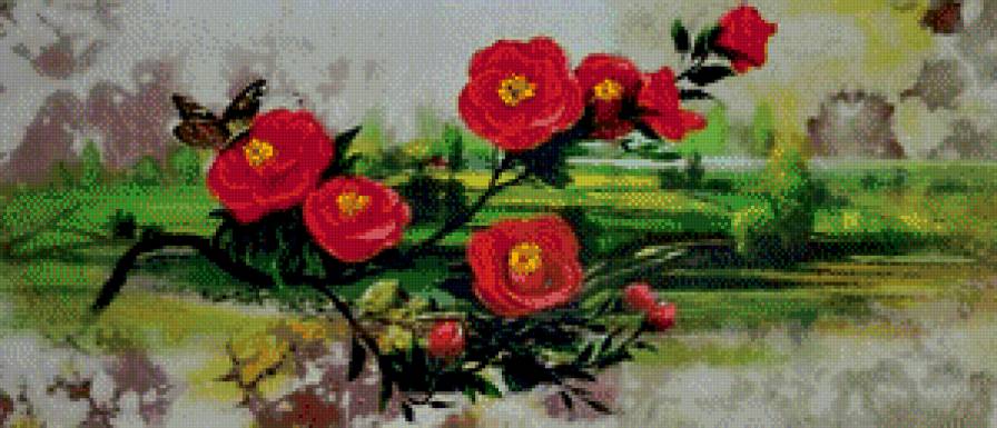 цветущая слива - восток, цветы, ветка, китай, живопись, панно - предпросмотр