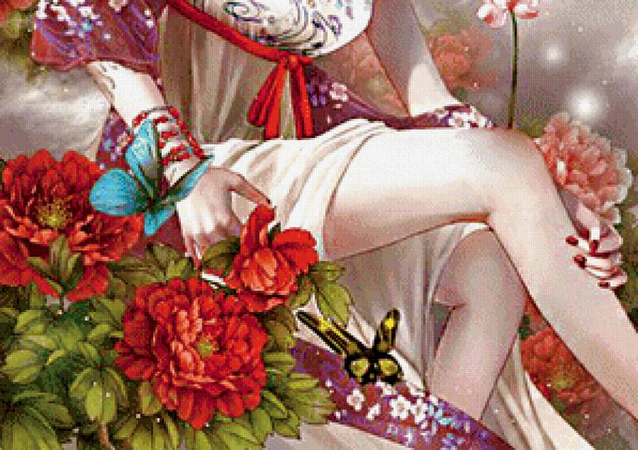 восточная красавица часть 2 - девушка, живопись, женщина, пионы, бабочка, цветы - предпросмотр